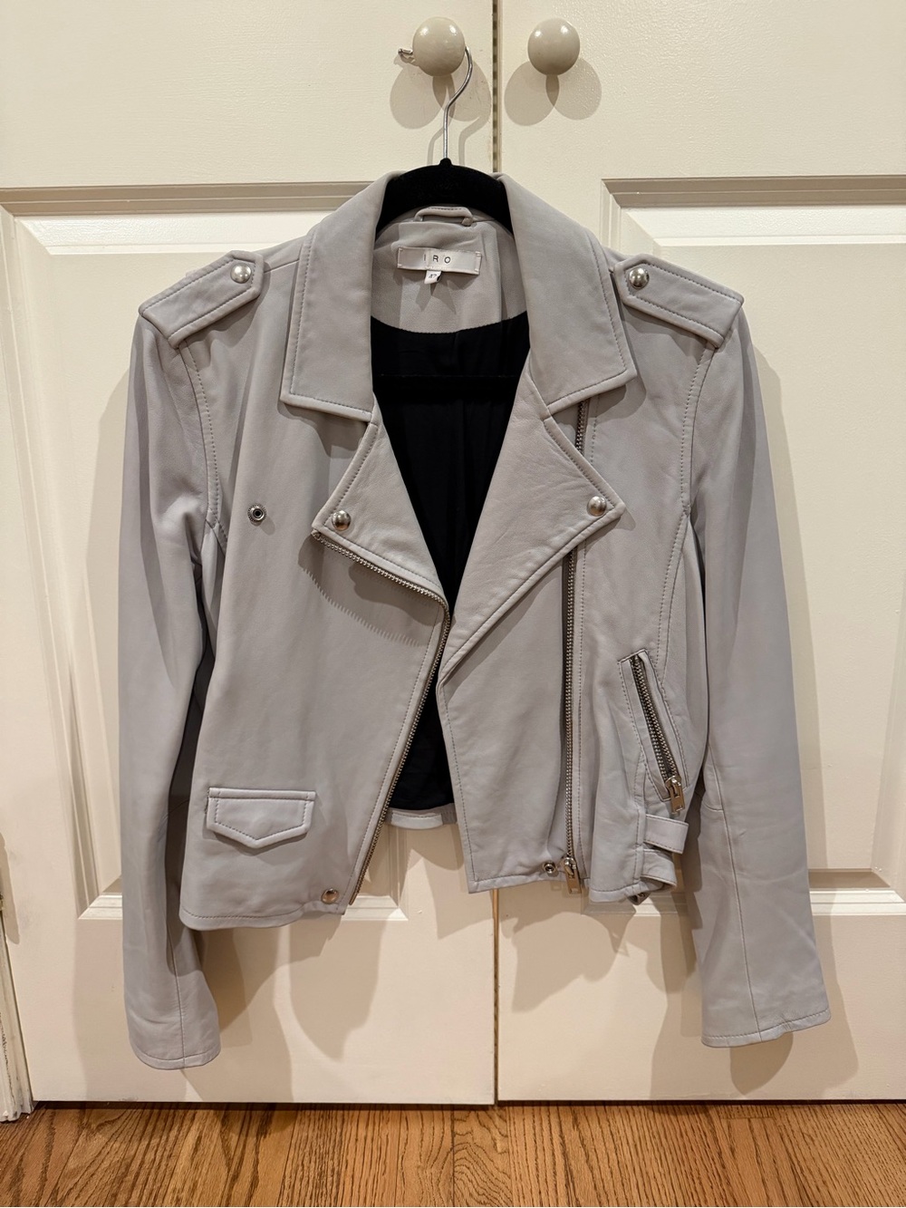 IRO Light Gray Leather Moto Jacket with Epaulets